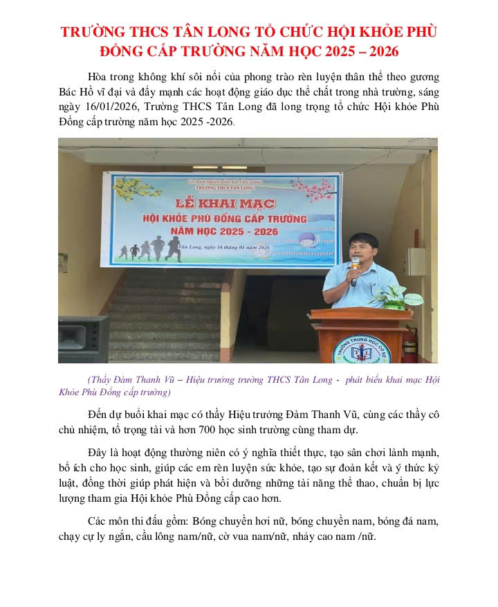 NGÀY 16/01/2026 TRƯỜNG THCS TÂN LONG TỔ CHỨC HỘI KHỎE PHÙ ĐỔNG CẤP TRƯỜNG