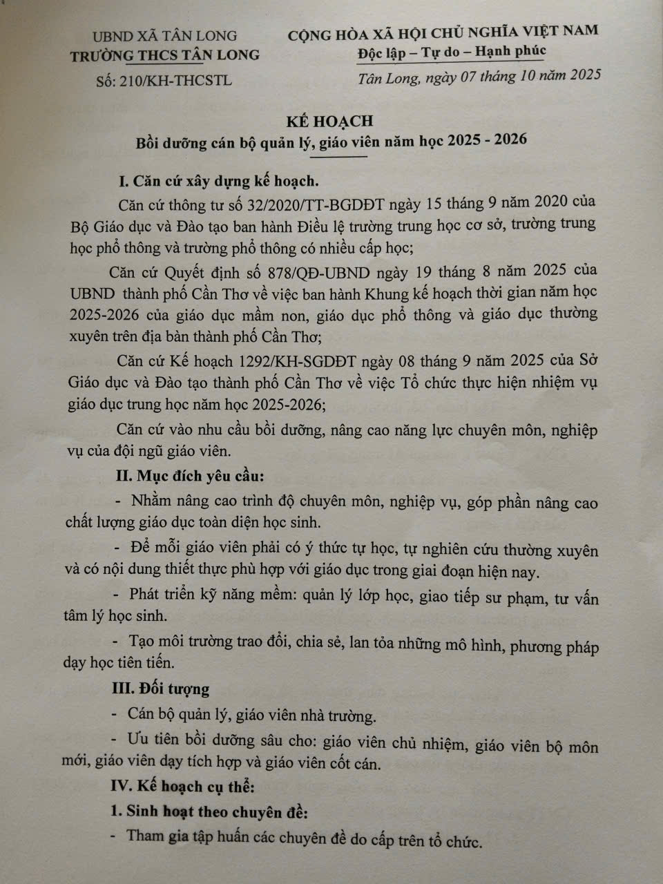 KẾ HOẠCH BỒI DƯỠNG CÁN BỘ QUẢN LÝ, GIÁO VIÊN NĂM HỌC 2025 - 2026