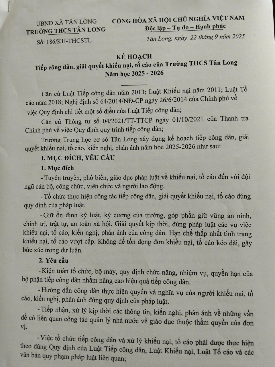 KẾ HOẠCH TIẾP CÔNG DÂN, GIẢI QUYẾT KHIẾU NẠI, TỐ CÁO CỦA TRƯỜNG THCS TÂN LONG 2025 - 2026