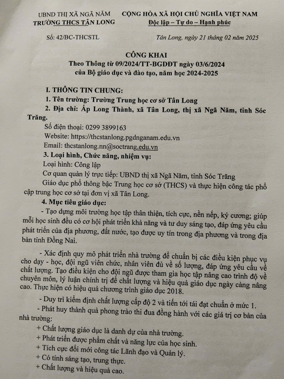 CÔNG KHAI THÔNG TƯ 09/2024/TT-BGDĐT NGÀY 03/6/2024 CỦA BỘ GIÁO DỤC VÀ ĐÀO TẠO
