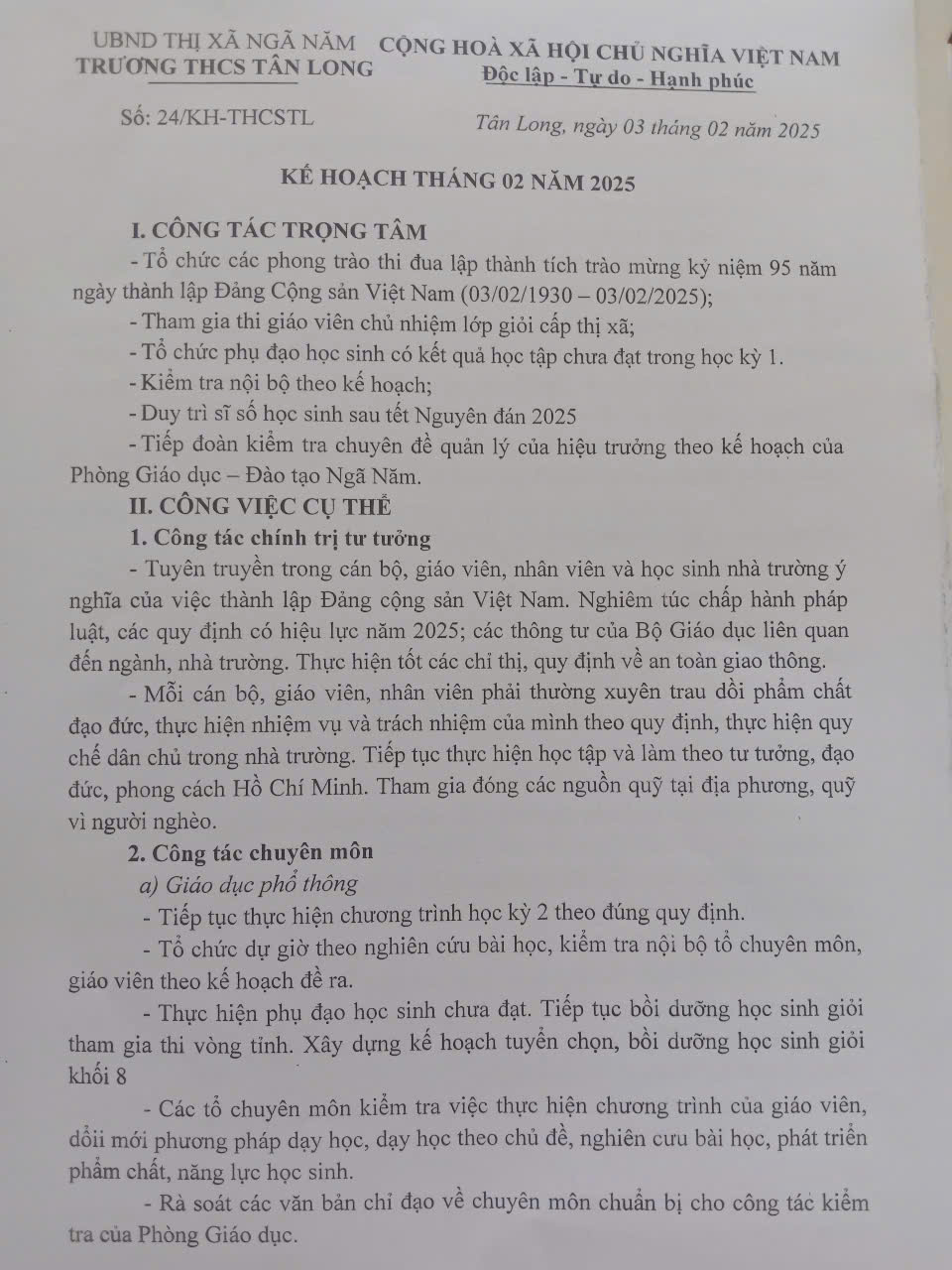 Kế hoạch tháng 02 năm 2025