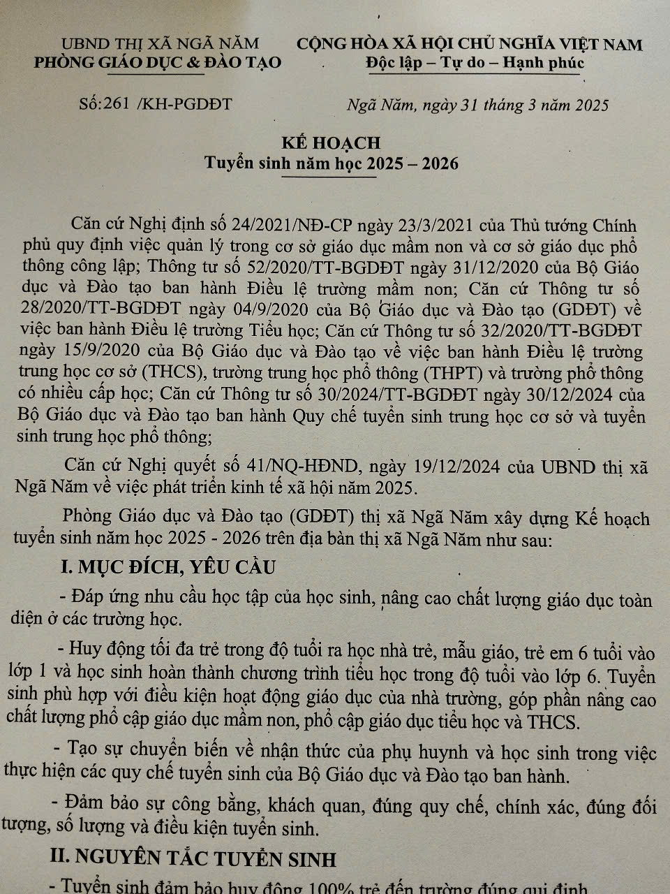 KẾ HOẠCH TUYỂN SINH NĂM HỌC 2025-2026