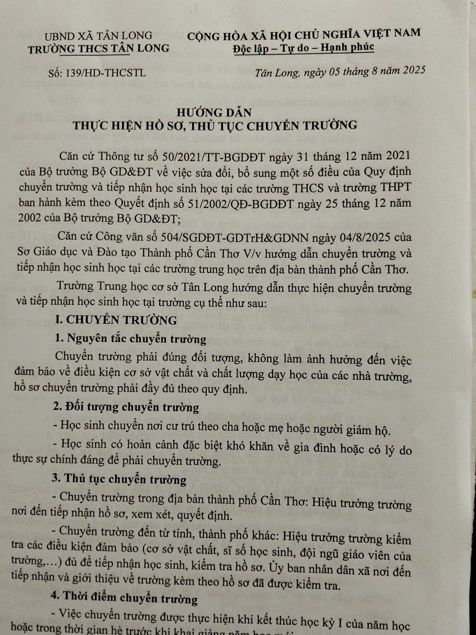 HƯỚNG DẪN THỰC HIỆN HỒ SƠ, THỦ TỤC CHUYỂN TRƯỜNG