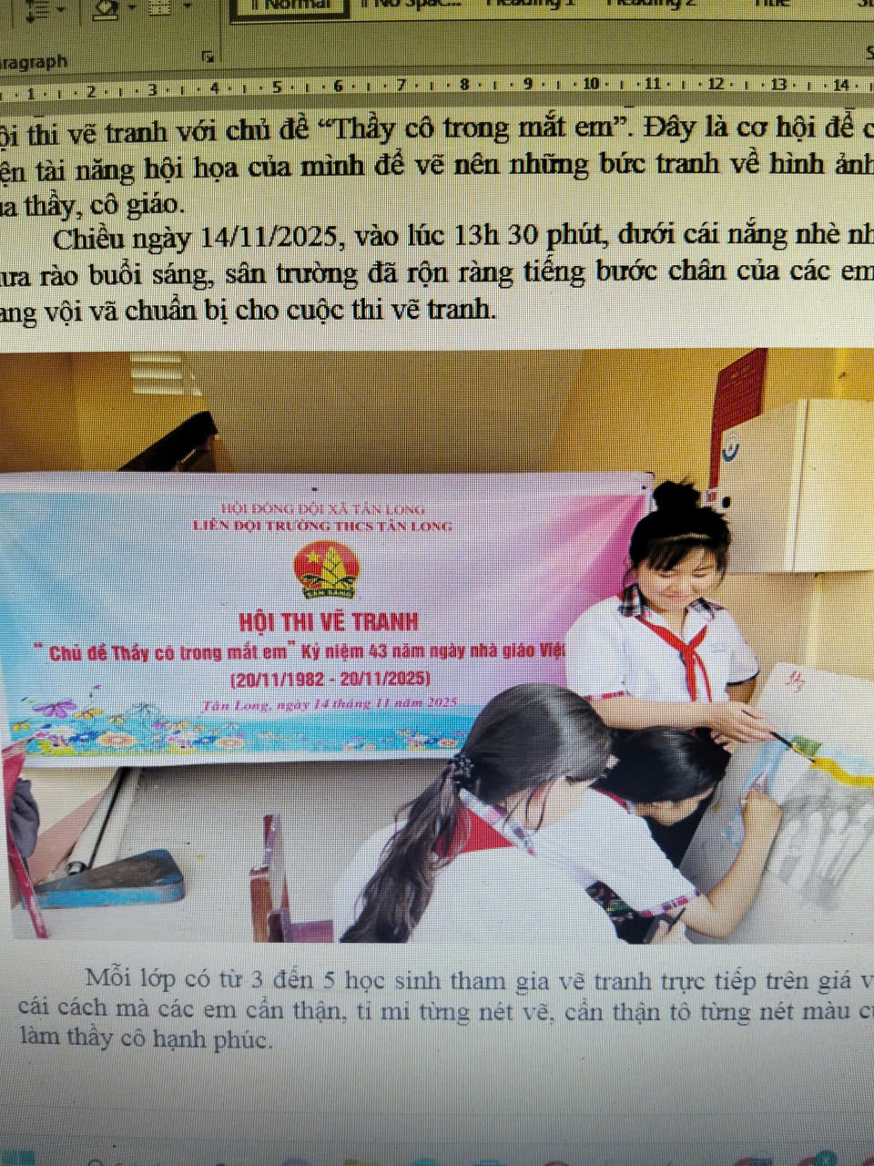 Bài viết về Hội thi vẽ tranh với chủ đề "Thầy cô trong mắt em" nhân ngày nhà giáo Việt Nam 20/11/2025 của trường THCS Tân Long